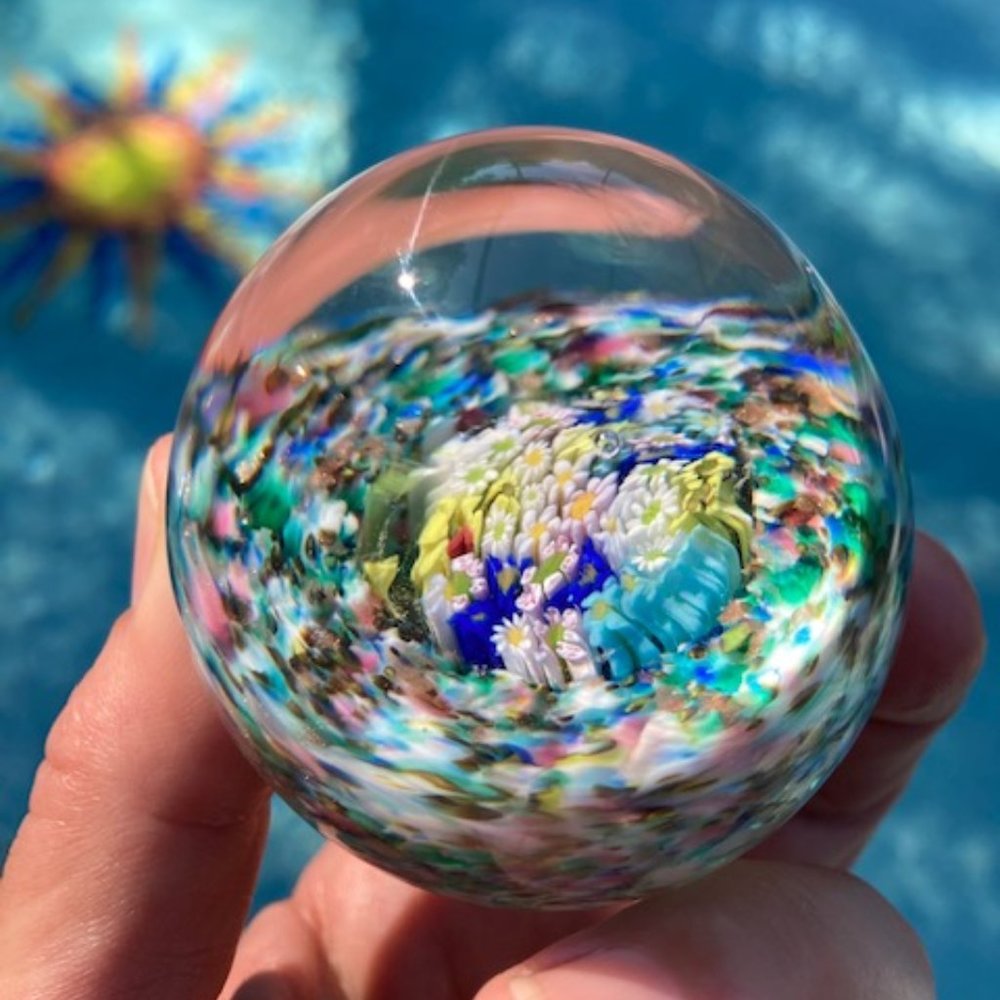 Vintage Murano Style Glass Paperweight Flower Confetti, Handblown Art Glass Desk